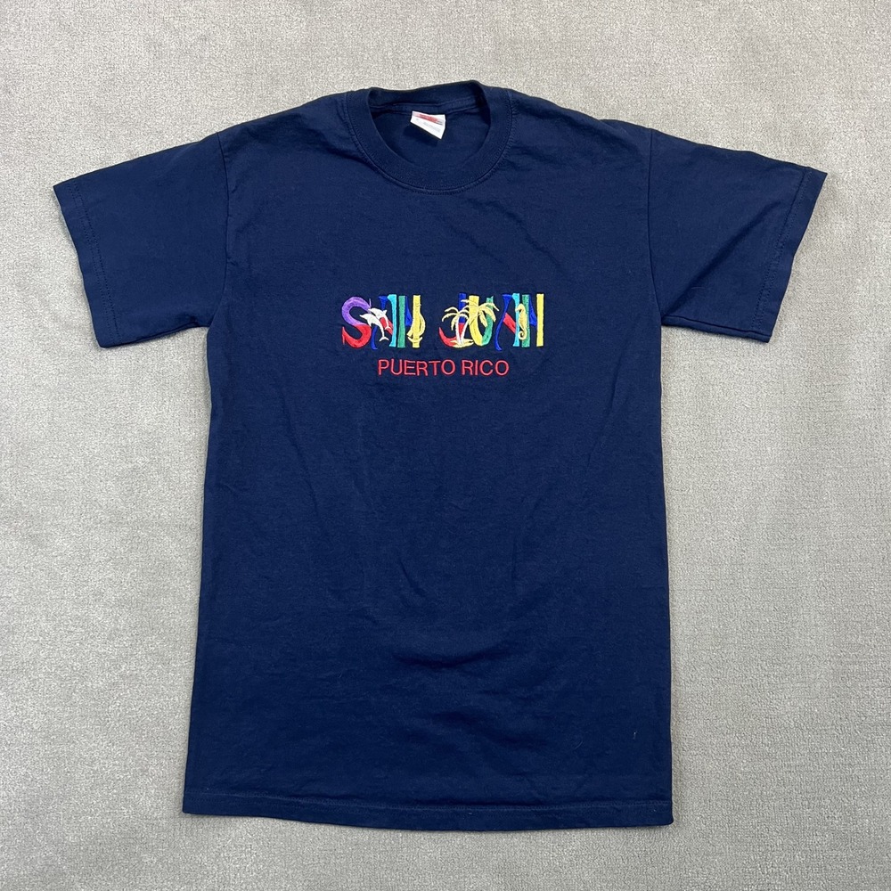 Gildan San Juan Puerto Rico Shirt Mens Small Navy Blue Embroidered Souvenir Tee